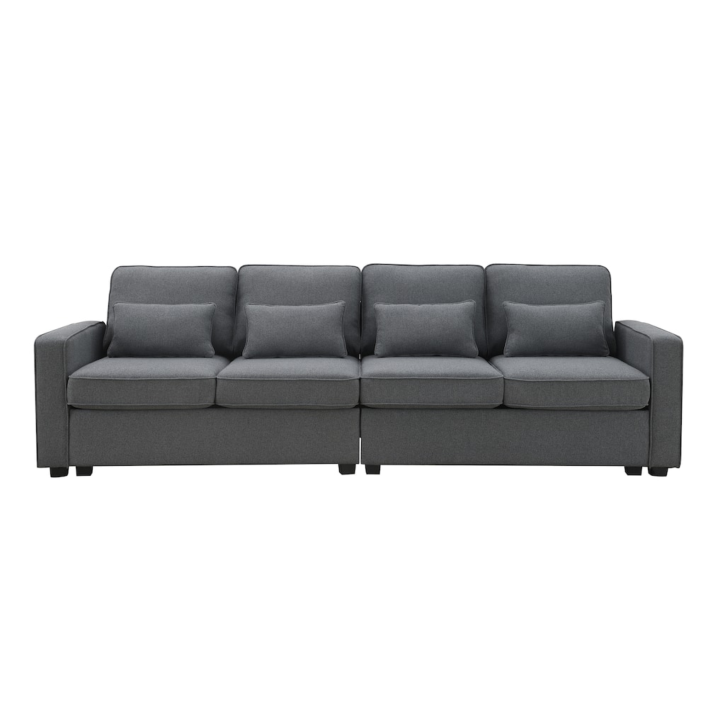 Linen Fabric Sectional Sofa with 4 Pillows, 104" 4-Seater Couch with Armrest Pockets for Livingroom