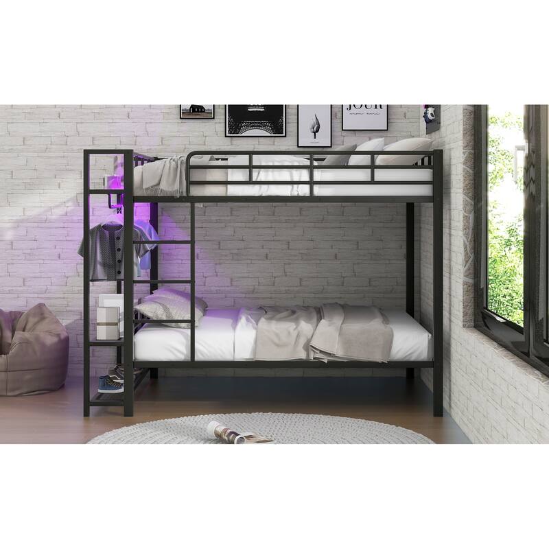 Full Size Metal Bunk Bed With Storage Mesh Shelves And Clothes Hooks,LED Light