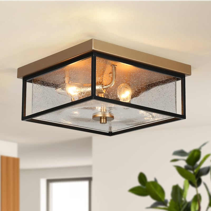 3-Light Modern Black Gold Square Flush Mount Ceiling Light with glass shade - 12" L x 12" W x 6" H