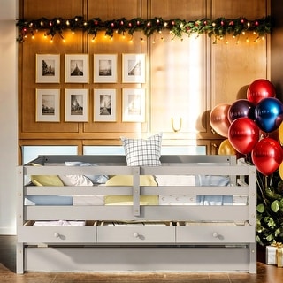 Twin Size Low Bunk Bed with Storage Drawers and Trundle, No Box Spring Needed