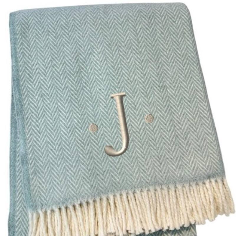 55" X 70" Sky Blue And White Herringbone Cotton Blend S Initial Throw Blanket with Tassels And Embroidery