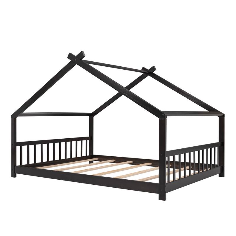 Full Size House Bed with Roof and Sturdy Pinewood Frame, No Box Spring Needed
