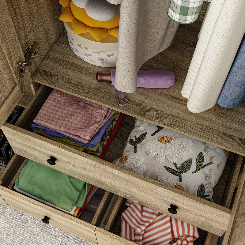 Natural Charm Wooden Armoire - Breathable Rattan Design Ample Storage