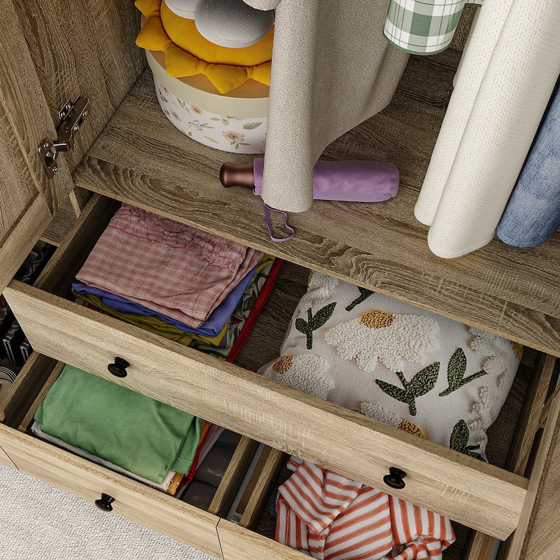 Rattan-Accented Wardrobe - Spacious Clothing Organizer with Style