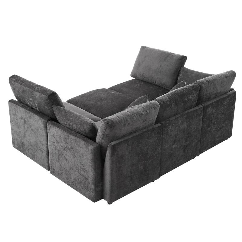 L-Shaped Modular Sectional Sofa Convertible U-Shaped Sofa Bed with Movable Ottoman and 2 USB Ports, 2 Pillows, Chenille 5 Seat