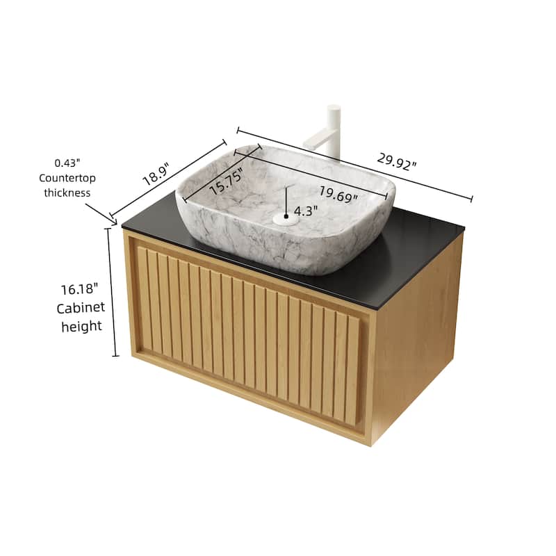 GDFStudio - Kolas Modern 30" Floating Bathroom Vanity, Corolla Oak Finish & Black Sintered Stone Countertop, WITHOUT Faucet