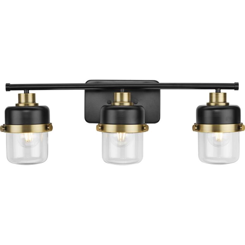 Beckner Collection Three-Light Matte Black Clear Glass Urban Industrial Bath Light with Vintage Brass Accents