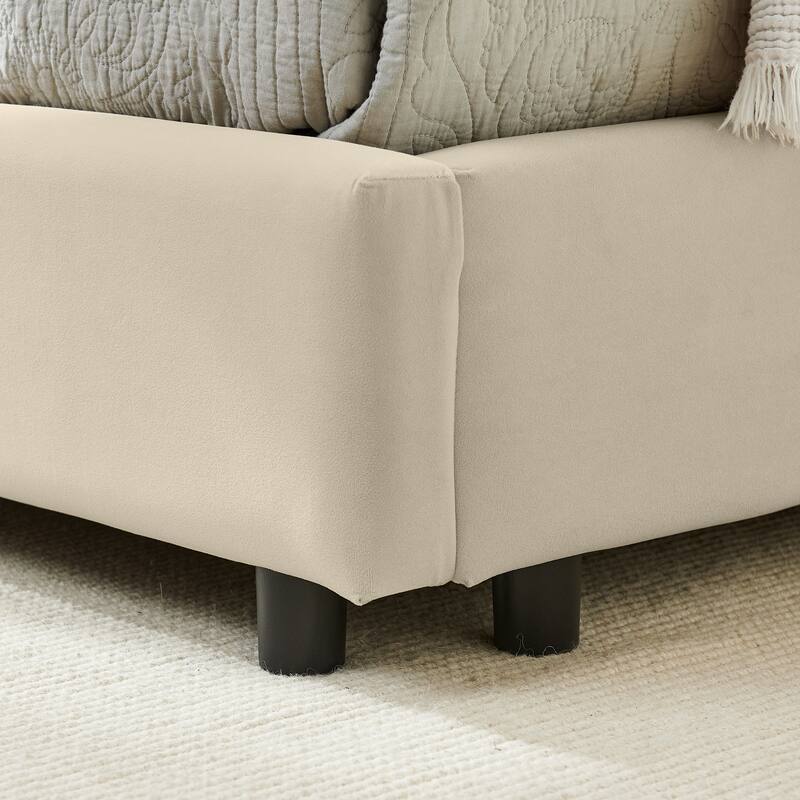 Full Size Upholstered Tufted Bed Frame with Backrest and Armrests, Velvet Beige, 81''x60''x29.5''