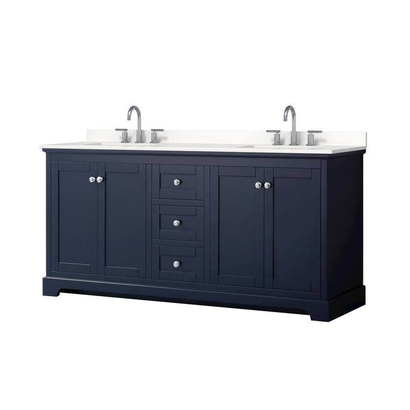 Avery 72-inch Double Vanity, Quartz Top - Dark Blue, Chrome Trim, White Quartz Top