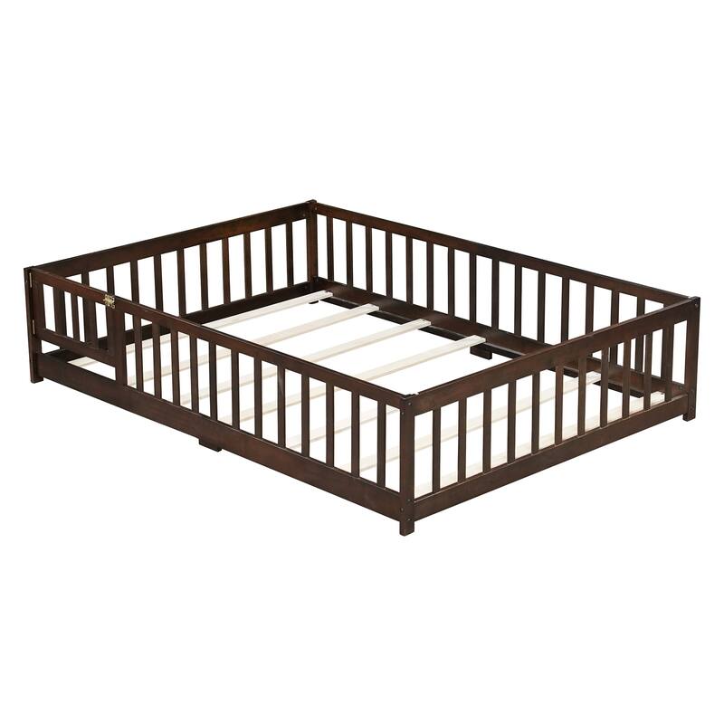 Full Size Floor Bed with Fence and Door,Rubber Wood Floor Bed with Safety Guardrails