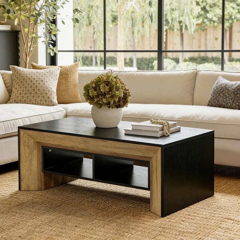 Coffee Table with 2-Tier Storage, Rectangular Wood Center Table for Home Living Room - Brown