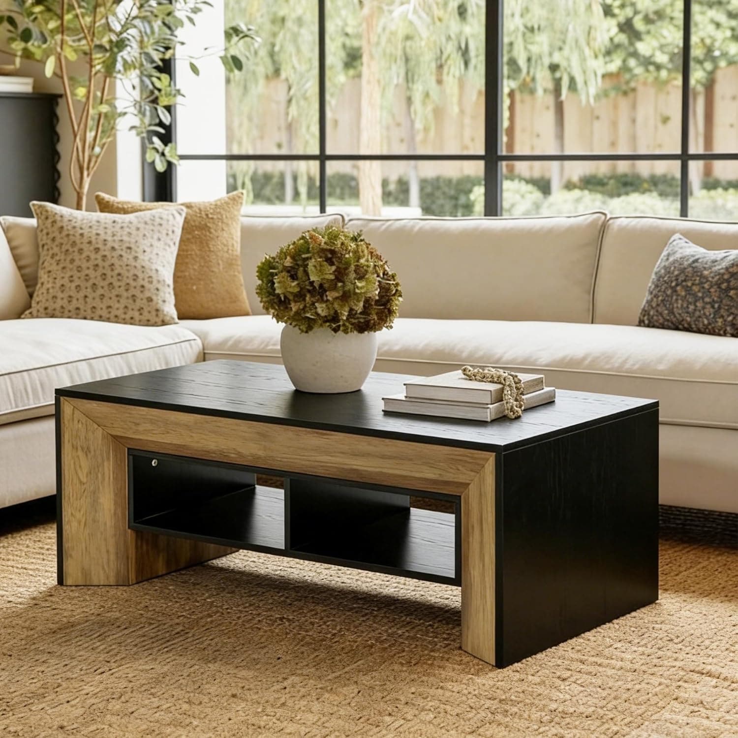 Coffee Table with 2-Tier Storage, Rectangular Wood Center Table for Home Living Room