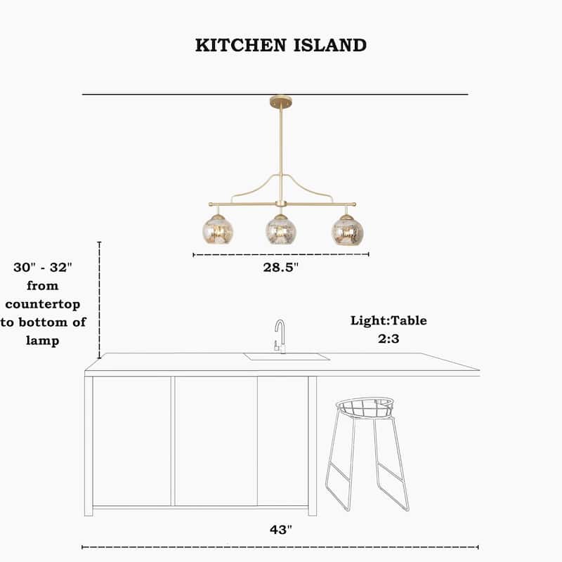 Ziv Mid-Century Modern 3-Light Gold Linear Chandelier Mercury Glass Island Lights for Dining Room - 28.5" L x 5.5" W x 13" H