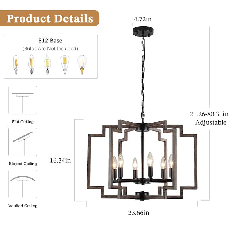 Elegant retro 6-light metal semi-openwork lampshade with adjustable height suspension rod suitable for multiple different spaces