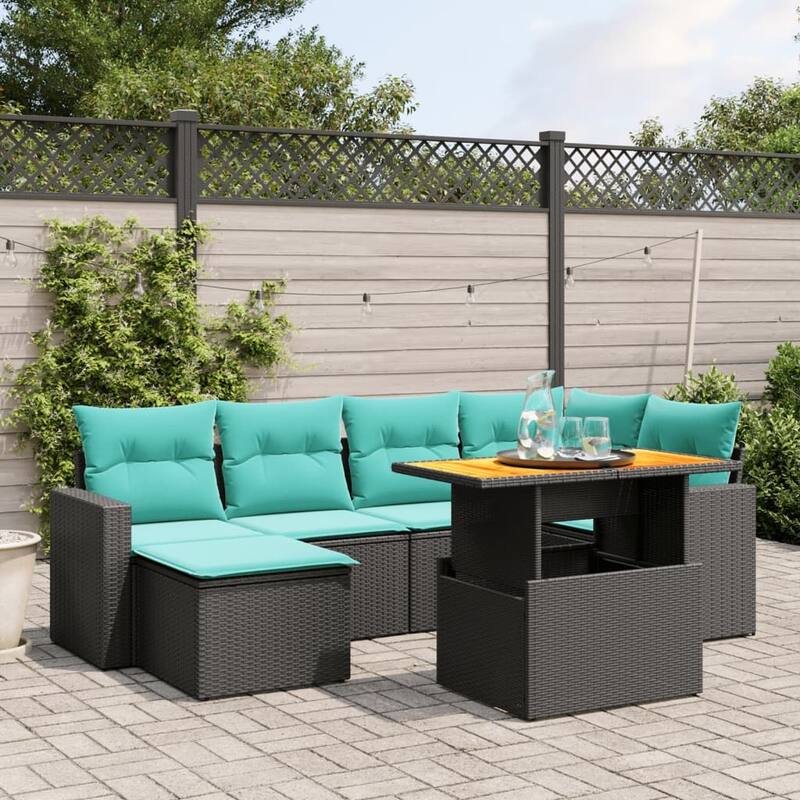 vidaXL Patio Sofa Set with Cushions Outdoor Furniture 7 Piece Poly Rattan - 24.4 x 24.4 x 27.2 - Black