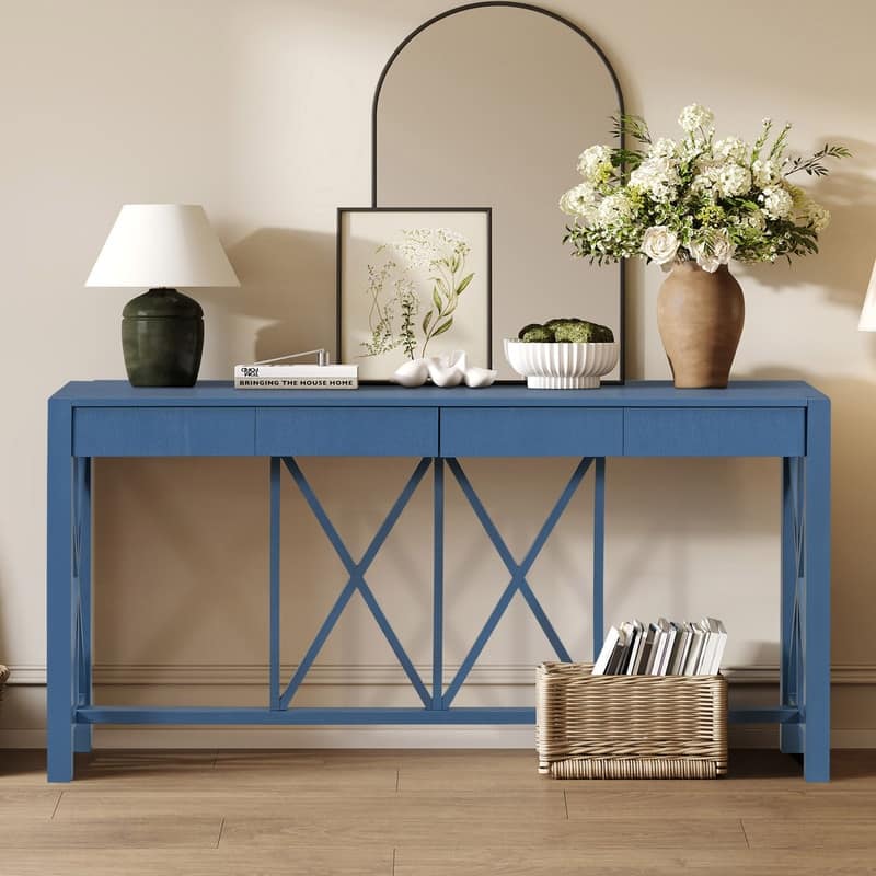 Modern Acacia Wood 60" Console Table with 4 Drawers and Unique X-Design for Entryway or Living Room
