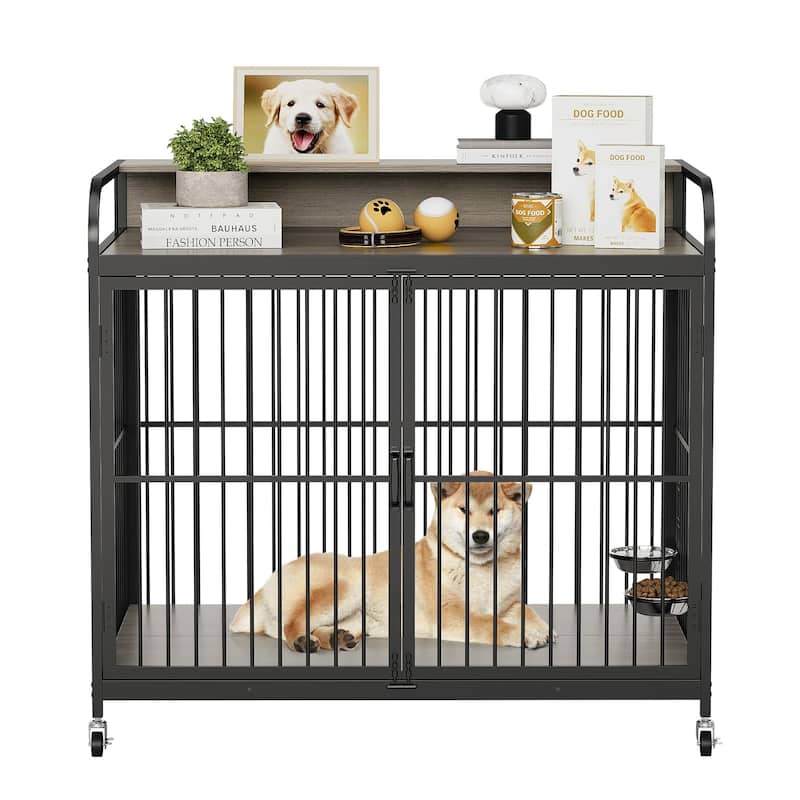 Dog Crate with Wheels, Adjustable Feeder, Storage Shelf, Table Top