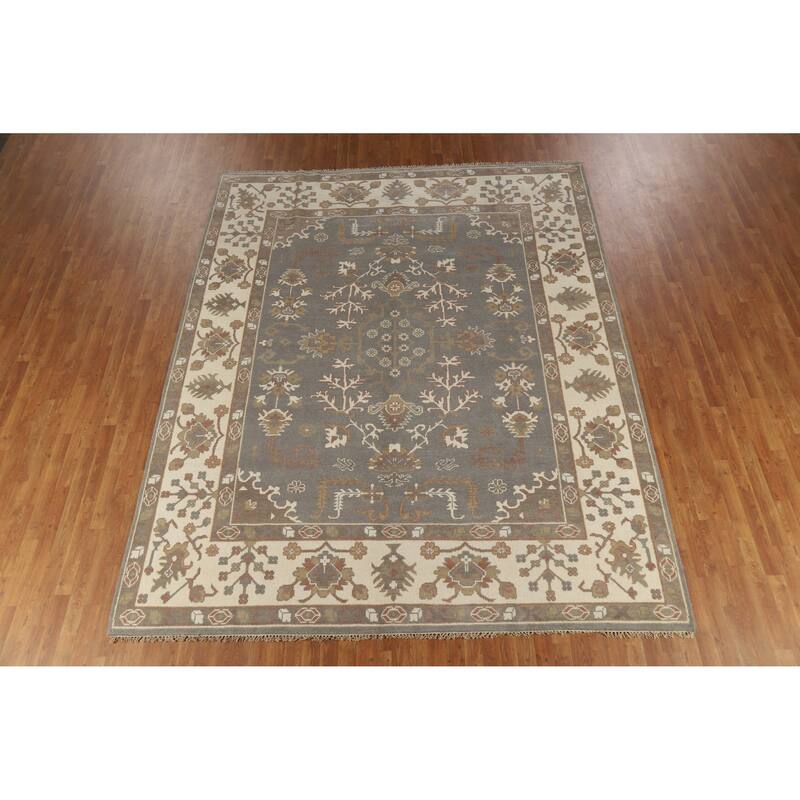 Gray Oushak Indian Area Rug Handmade Transitional Floral Wool Carpet - 9'2" x 11'7"