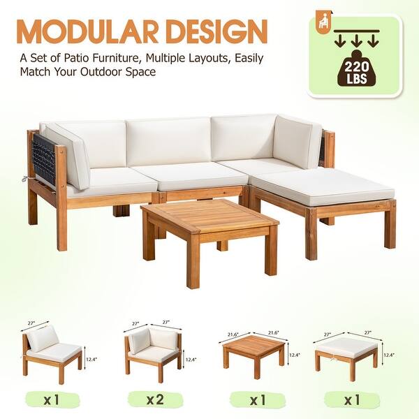 Furniwell Acacia Wood Patio Conversation Set Rope Woven Outdoor Sectional Sofa with Table and Cream Cushions
