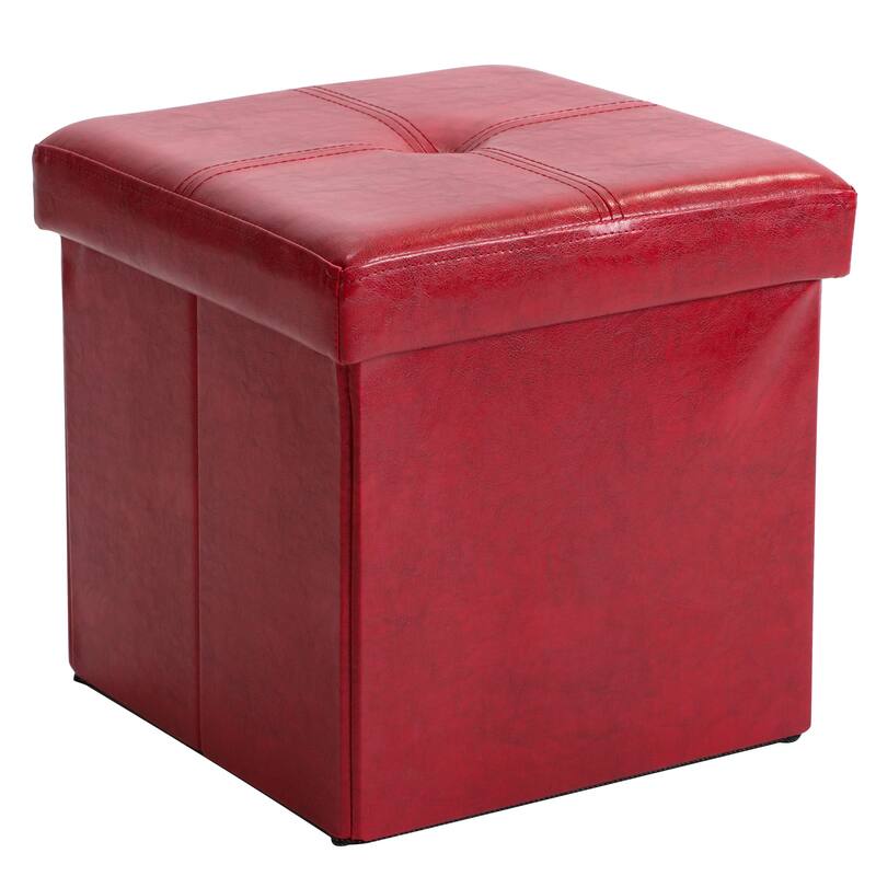 Simplify Red Faux Leather Folding Storage Ottoman Cube - 15" x 15" x 15"