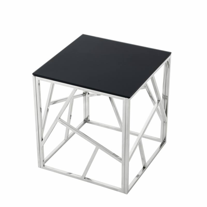 Modern Glass End Table with Geometric Metal Frame, Accent Table Nightstand Furniture Corner Table