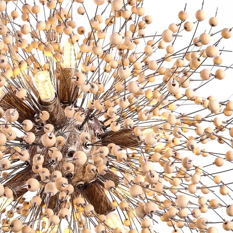 9-Light Modern Firework Sphere Chandelier with Wooden Beads for Dining Room and Living Room