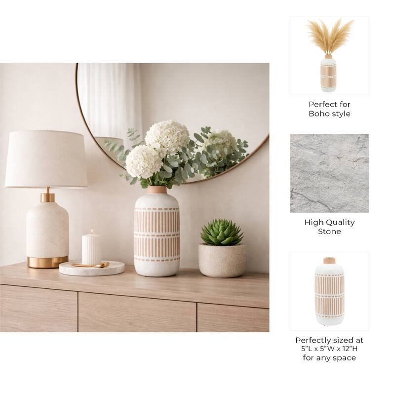 Ceramic Round Patterned Table Flower Vase - Ivory