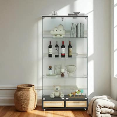 65.9" Modern Glass Display Cabinet with LED Lights, 2 Large Drawers & 4 Shelves, Lockable Storage Case