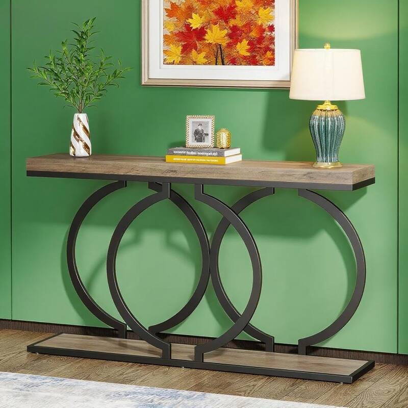 55.1" Industrial Rustic Console Table MDF Top with Black Geometric Metal Frame - 55.11" x 11.81" x 27.55"