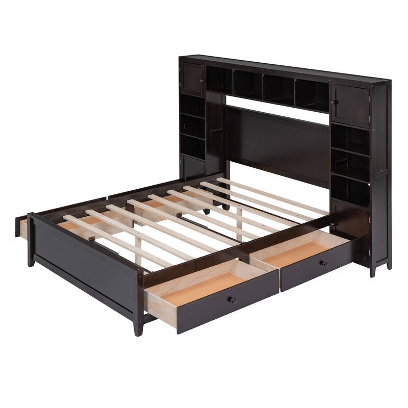 Wood Platform Bed with All-in-One Cabinet and Shelf, Slat Support Bed Frame, Storage Headboard with 10 Shelf Cubes & 4 Cabinets