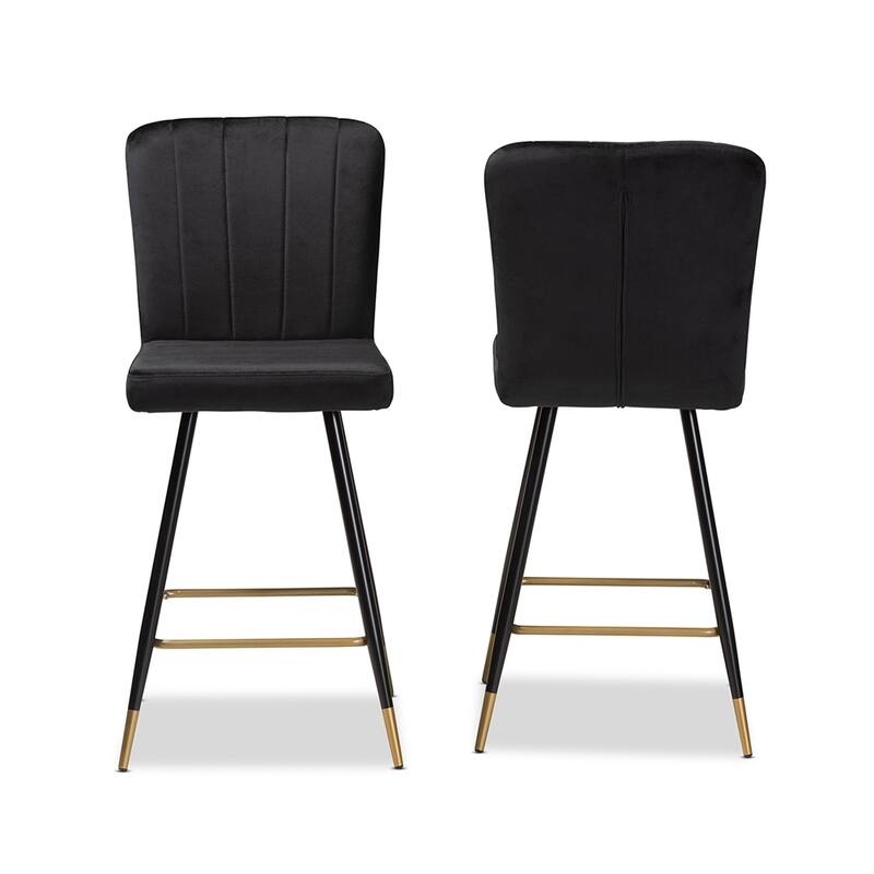 Preston Modern Luxe and Glam Velvet Fabric Upholstered Black and Gold Finished Metal 2-Piece Bar Stool Set
