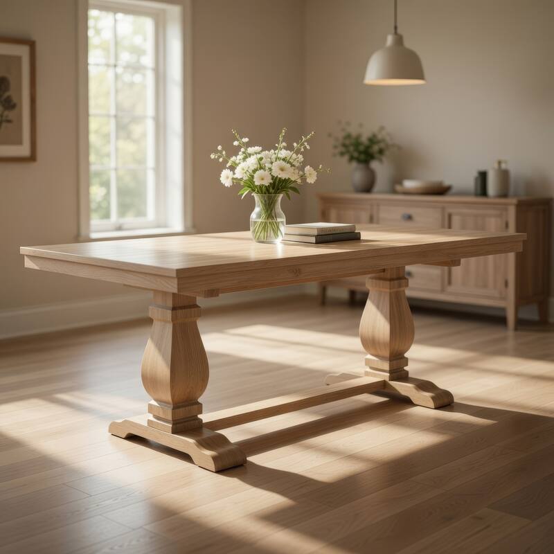 Anna Dining Table, Carved Legs, Natural Wheat Wood, 84 Inch Rectangular - White, Natural Wheat Brown