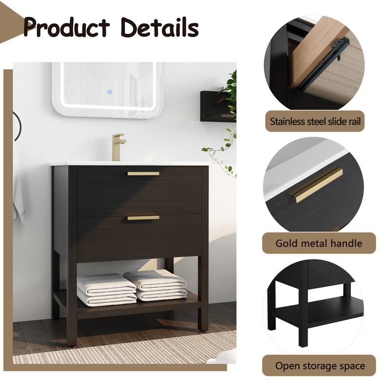 Freestanding Black Chestnut Bathroom Vanity with Ceramic Sink, Gold Metal Handle, Soft Closing Drawers - 30in L Plywood