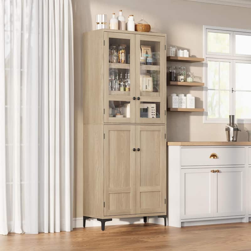 71" Tall Storage Cabinet, Kitchen Pantry Cabinet 5 Tier Bathroom Cabinet with 4 Doors Adjustable Shelves for Kitchen - Black - Glass Door
