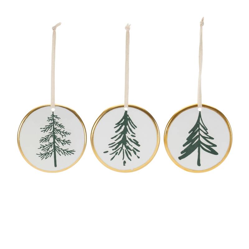 Set of 12 White Green Gold Ceramic Christmas Tree Ornaments Pine Disc Decor for Tree - 3.25”L x 0.25”W x 3.5”H