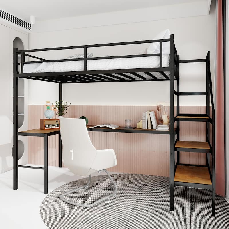 Roomfitters Loft Bed with L-Shaped Desk, Stairs and Storage, Metal Frame with Guardrails, Space-Saving Design - Black