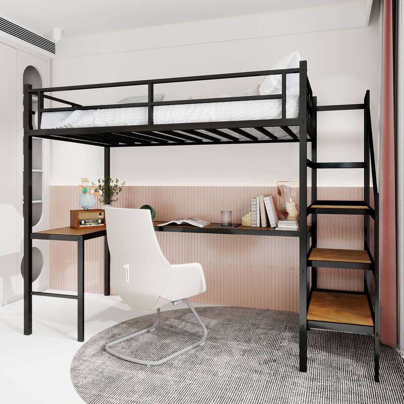 Twin Size Loft Bed Frame with L-Shaped Desk, Large Storage Space and Storage Shelves Stairs