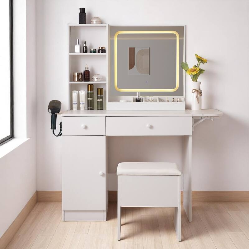 Makeup Vanity Desk with Charging Station, Lighted Mirror, Foldable Top & Storage Stool - 3 Light Modes - White