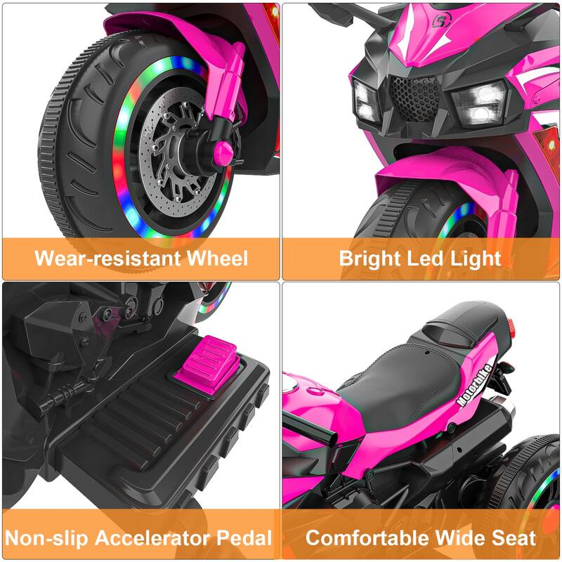 Electric Ride-On Motorcycle for Kids 3-6 Years Old, 12V, USB, MP3, LED Lights & Shock Absorbers