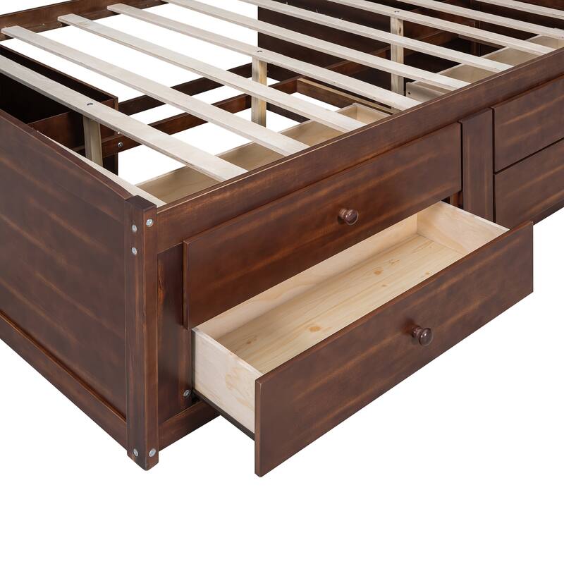 Full Size Captain Bed w/Built-in Storage Shelves, 4 Drawers and 2 Cabinets, Wooden Storage Bed and Low-Platform Bed for Bedroom
