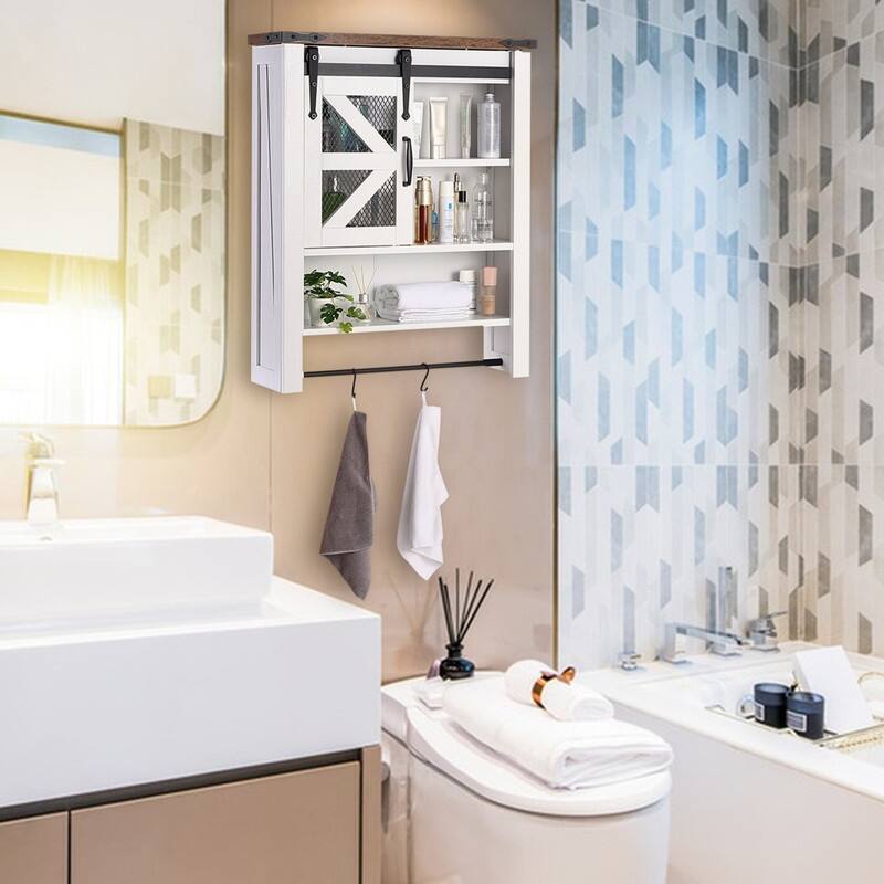 Bathroom Organizer Cabinet with Towels Bar & Hooks & Sliding Barn Door