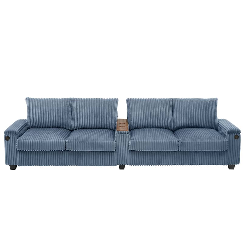 4 Seater Corduroy Sofa Couch with USB Ports and Storage Arms, 133" Modern Sofa with Side Pockets and Flip-Top Cup Holders