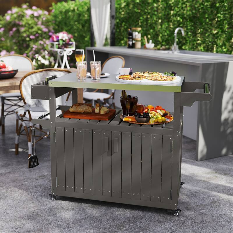Stainless Steel and HDPE Outdoor Bar Cart with Cabinet, Hooks, and Swivel Casters Mobile Serving Table