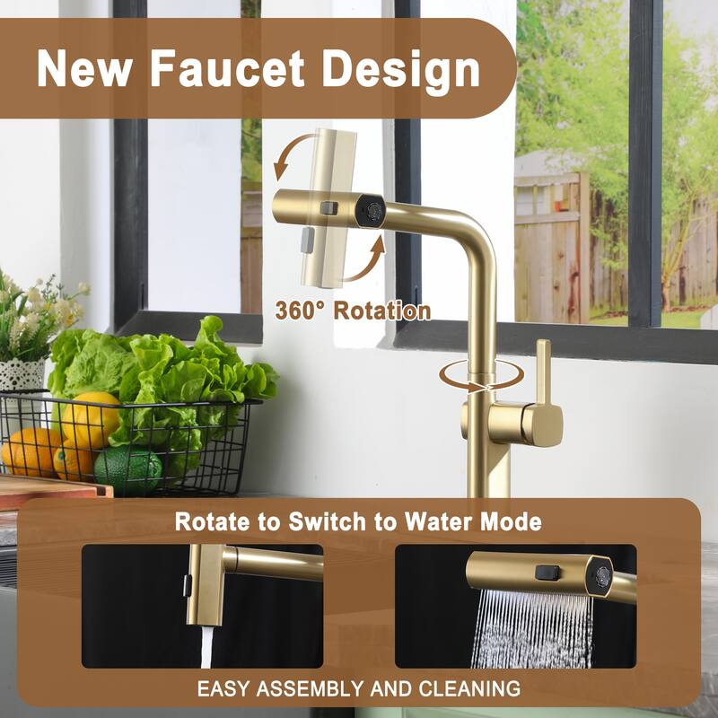 Single Handle Pull Out Sprayer Kitchen Faucet with 3 Functions Spray, 360° swivel