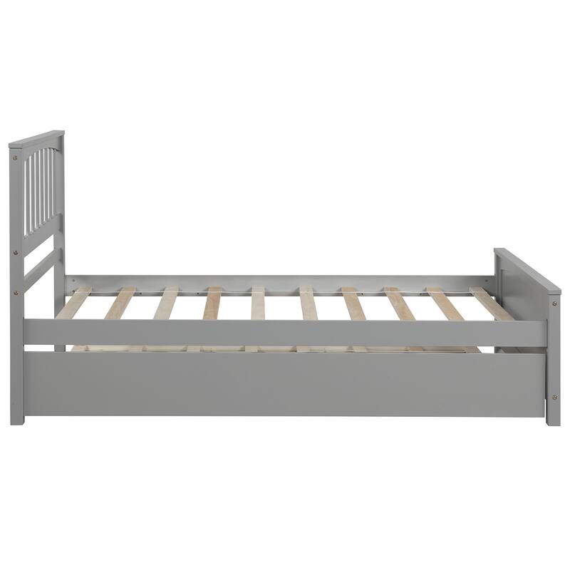 Gray Twin Size Platform Bed with Trundle, Solid Pine Wood Frame