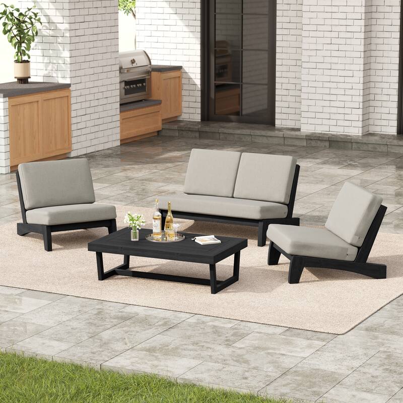 4 Set Outdoor Patio Teak Wood Club Chairs Loveseat with Cushion