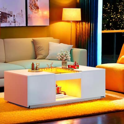Moasis Modern LED Coffee Table 2 Tiers Center Table with 2 Drawers and USB Ports for Living Room
