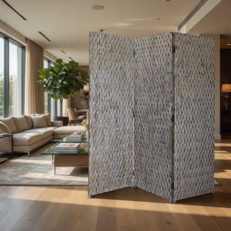 72 Inch 3 Panel Screen, Wood 3D Wavy Pattern, Distressed Gray, Black, Brown