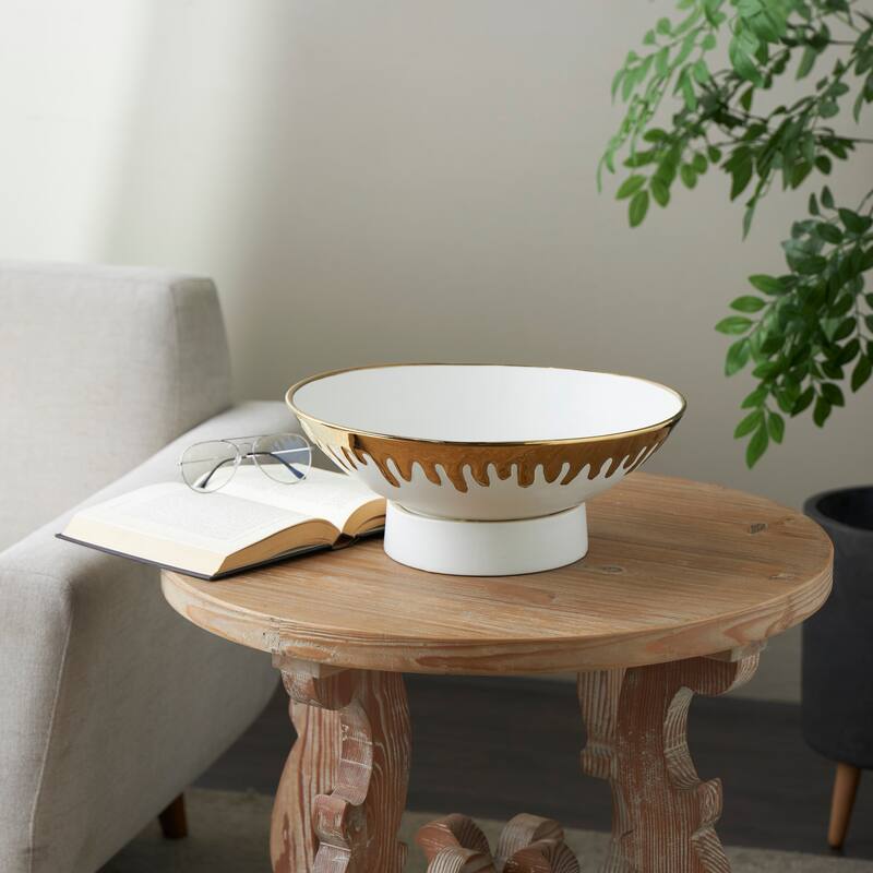 CosmoLiving by Cosmopolitan Black or White Ceramic Decorative Bowl with Abstract Gold Melting Drips - White