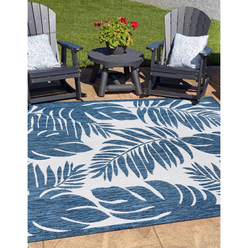 World Rug Gallery Floral Leaves Textured Flat Weave Indoor/Outdoor Area Rug - 5' X 7' - Navy